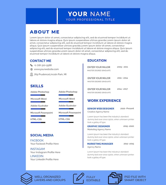 PSD modello di curriculum vitae pulito e semplice facilmente modificabile