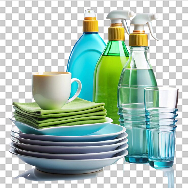 PSD cleaning dishes liquid with set of dishes and glasses household and kitchen cleaning concept