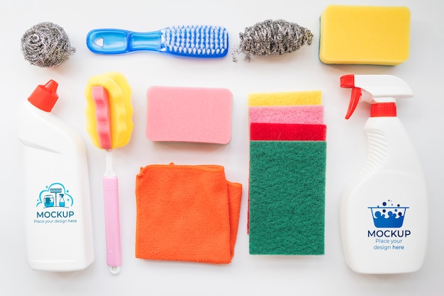 Cleaning products assortment above view