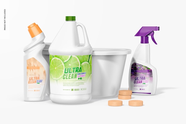 PSD cleaning products scene mockup, standing and dropped