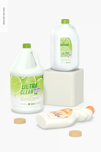 Cleaning products scene mockup, up and down