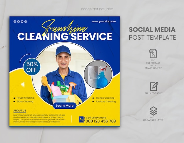 Modello di post sui social media e banner web della società di servizi di pulizia