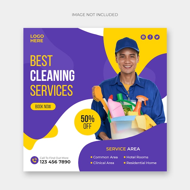 Modello di banner per post sui social media del servizio di pulizia