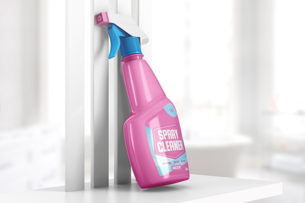 PSD cleaning spray bottle on a shelf mockup