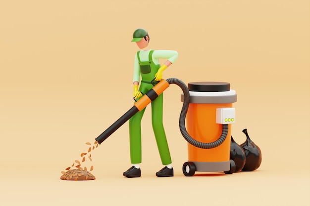 cleaning staff collecting garbage with a vacuum cleaner 3d illustration