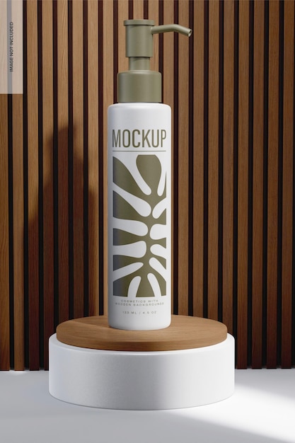 cleansing oil bottle with wooden background mockup