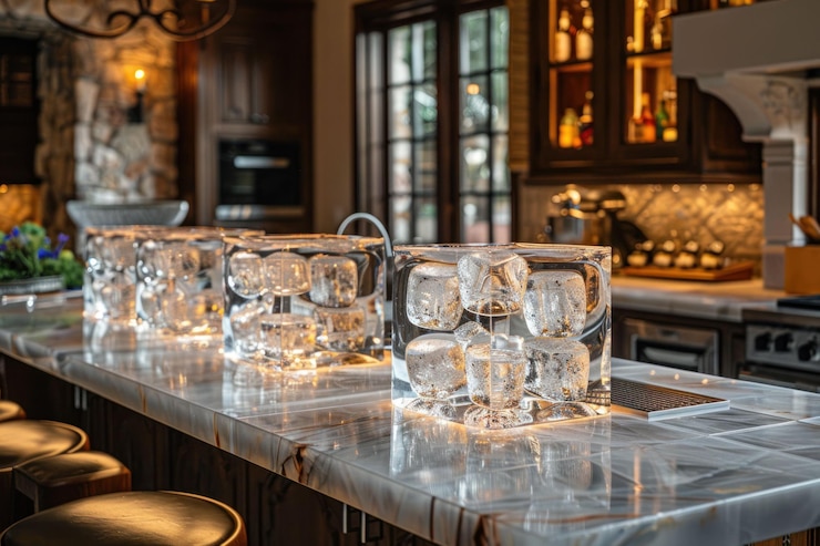 PSD clear acrylic ice cube holders on a kitchen counter with white marble countertop