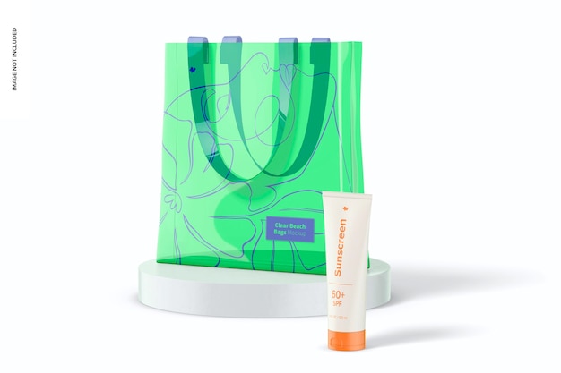 Clear Beach Bag with Cream Tube Mockup