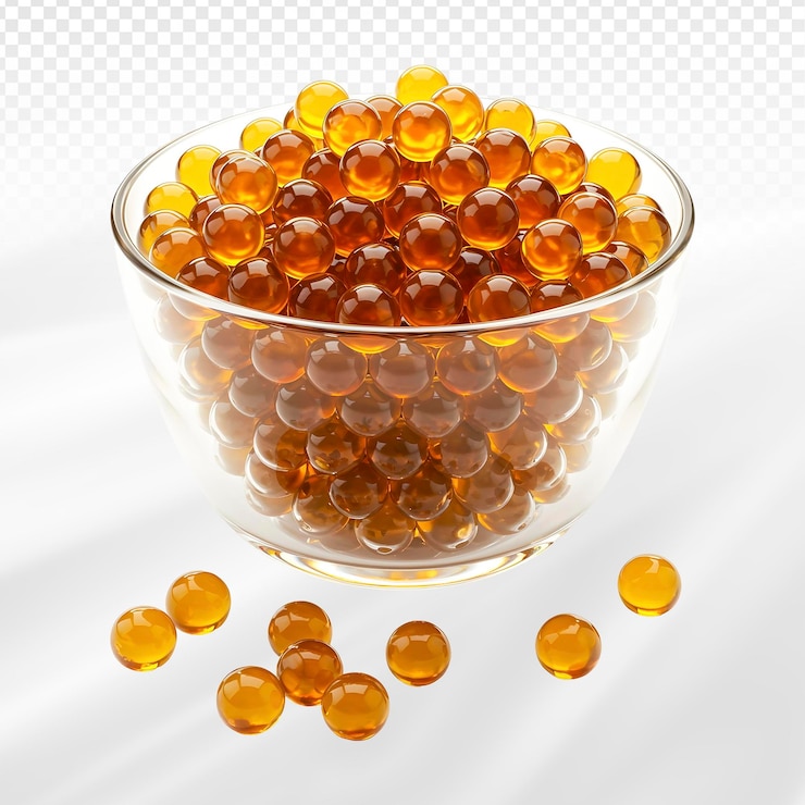 PSD a clear bowl filled with amber gel capsules