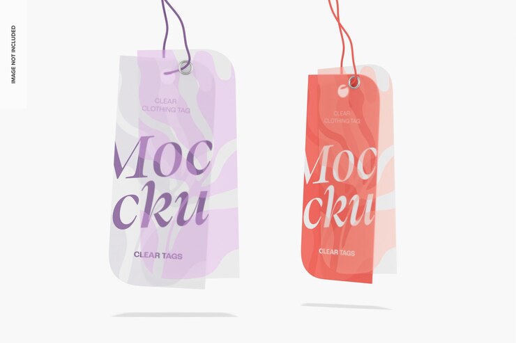 PSD clear clothing tags mockup, hanging