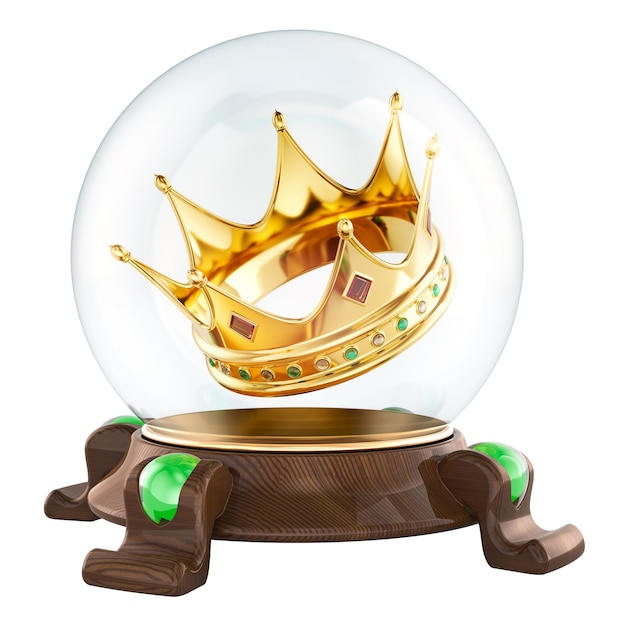 clear crystal ball with golden crown 3d rendering isolated on transparent background