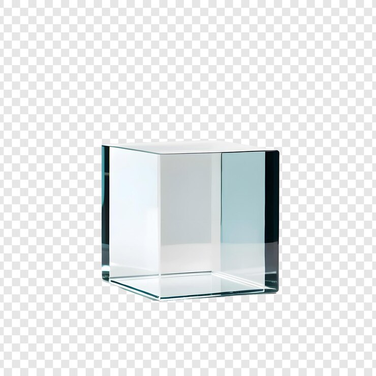 PSD a clear cube with a clear glass shelf that says  the top