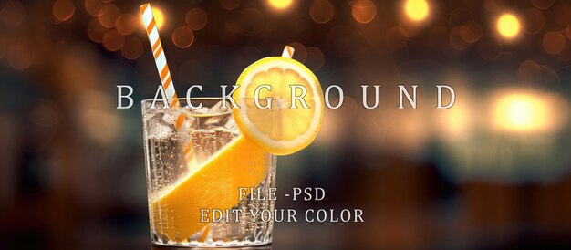 PSD clear drinking glass with lemon fruit and white straw night restaurant background light orange yello