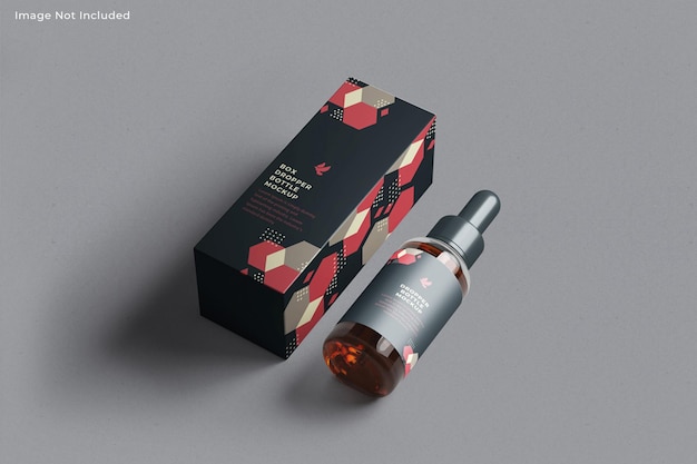 Clear glass dropper bottle mockup with box