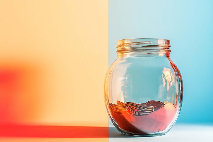 PSD clear glass jar filled with red folded paper money