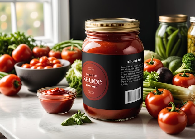 Barattolo di vetro trasparente con modello psd mockup di salsa di pomodoro