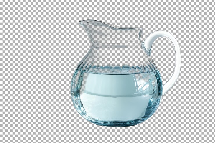 PSD clear glass pitcher filled with water on a white background perfect for dining or serving beverages