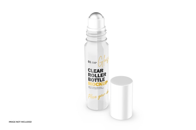 Clear glass roller bottle with plastic lid psd mockup