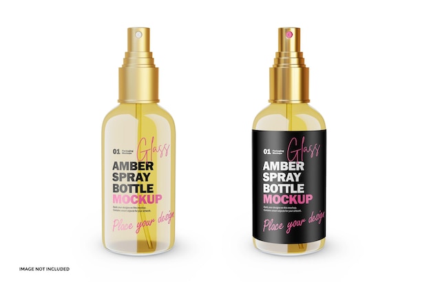 Flacone spray in vetro trasparente con mockup psd con coperchio in olio e oro