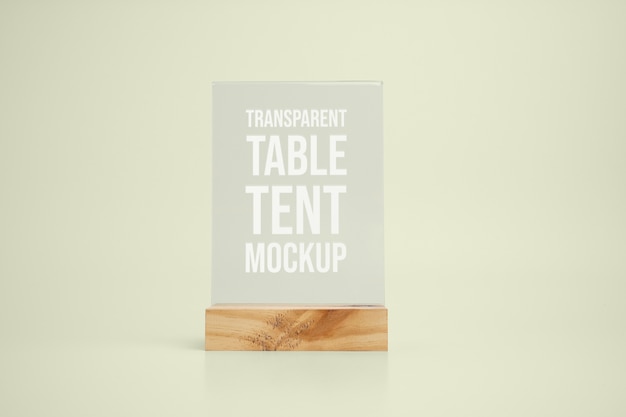 PSD clear glass table tent mock-up with wooden base