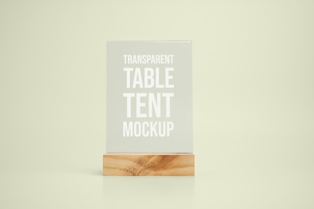 Clear glass table tent mock-up with wooden base