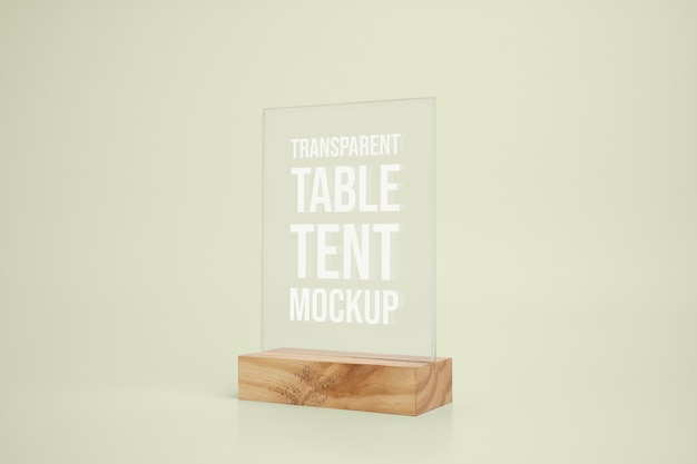 PSD clear glass table tent mock-up with wooden base