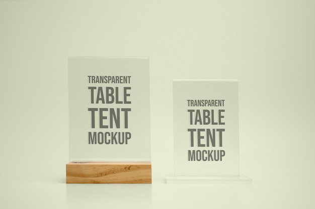 Clear glass table tent mock-up with wooden base