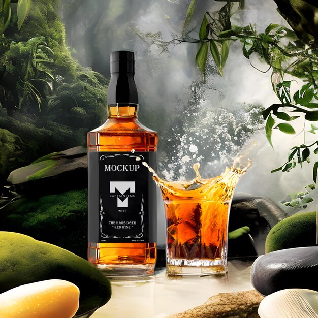 Mockup di bottiglia di whisky in vetro trasparente