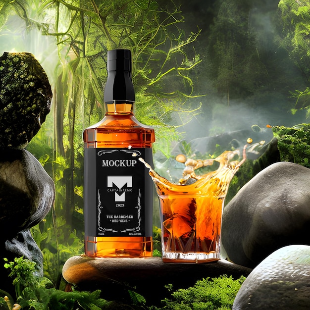 Mockup di bottiglia di whisky in vetro trasparente