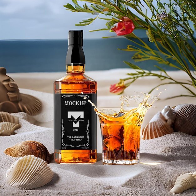 Mockup di bottiglia di whisky in vetro trasparente