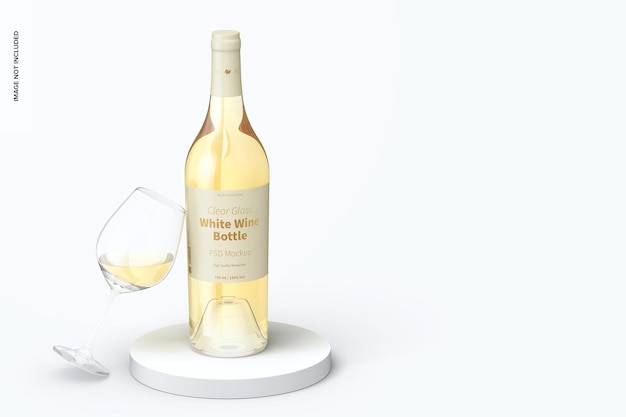 Bottiglia di vino bianco in vetro trasparente con mockup di tazza di vetro