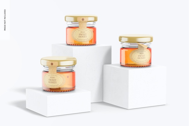 PSD clear honey jars mockup, on podiums