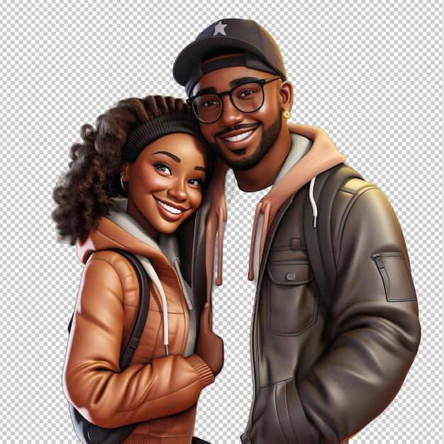 PSD clever black couple 3d cartoon style transparent background iso