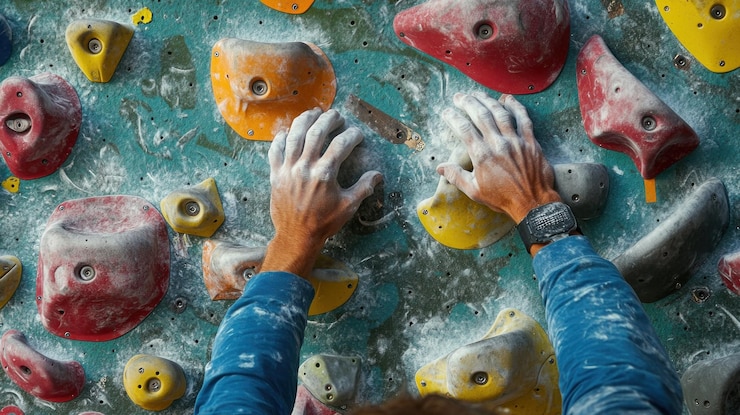 PSD climber gripping holds on a bouldering wall