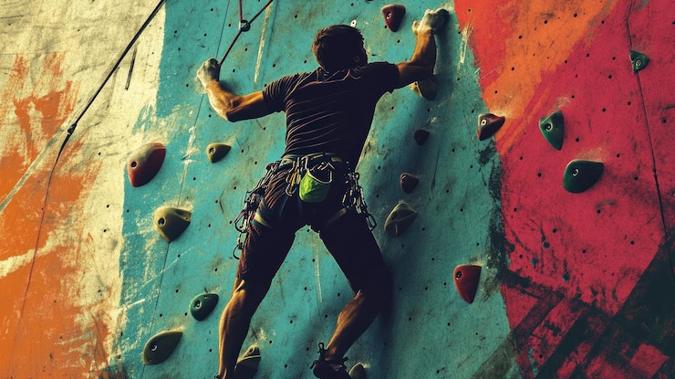 PSD climber scaling a colorful indoor rock wall