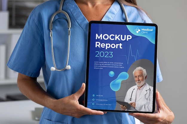 Clinic doctor holding device mockup