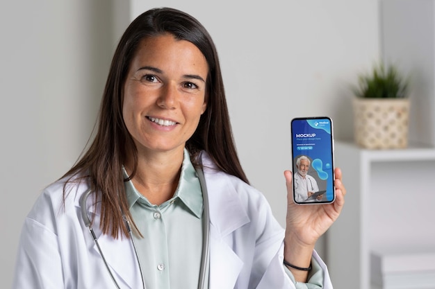 PSD clinic doctor holding phone mockup