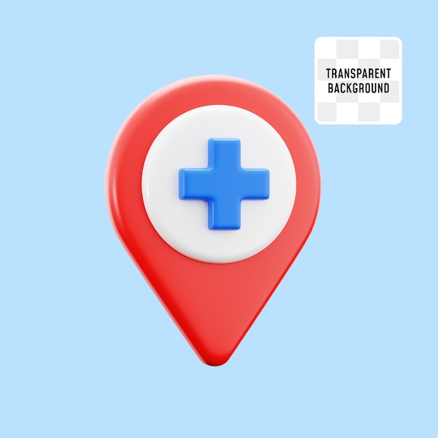 clinic hospital medical center point location symbol with pin map location and plus symbol 3d icon illustration render design