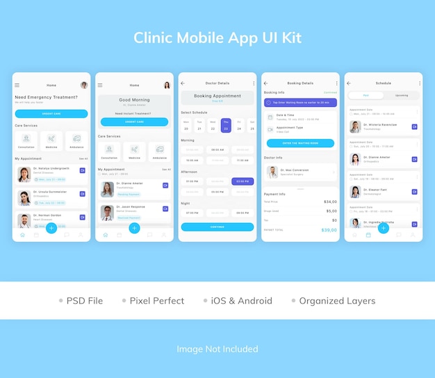 PSD kit dell'interfaccia utente dell'app mobile della clinica