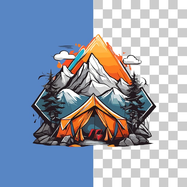 PSD clip art illustratie van kamperen in een berggebied gemeenschap logo sticker ontwerp.