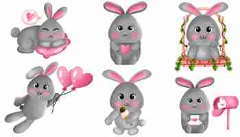 PSD clip art illustration of cute rabbit set with love theme gray colored rabbit with cheerful design