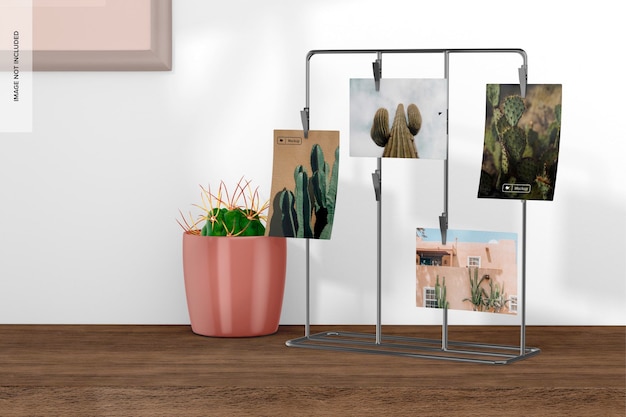 Clip photo stand mockup, con vaso per piante