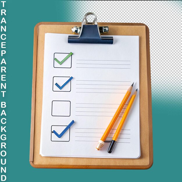 Clipboard check with pen on transparent background