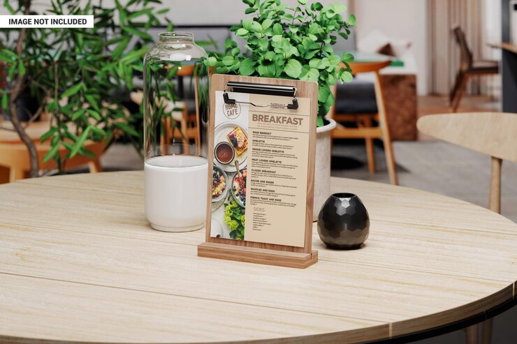PSD clipboard menu wooden stand on restaurant table mockup