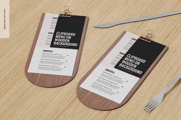 clipboard menus on wooden background mockup, right view