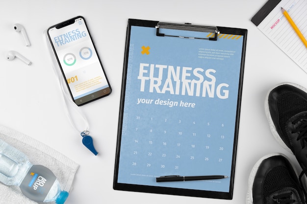 PSD clipboard mock-up with gym equipment assortment