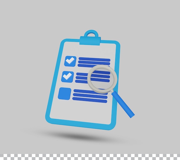 clipboard with checklist paper note icon or symbol with magnifying glass 3d render