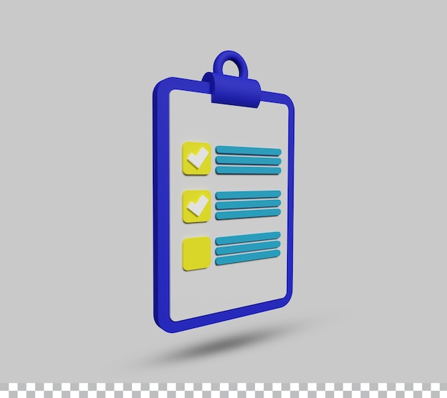 Clipboard with checklist paper note icon or symbol 3d render