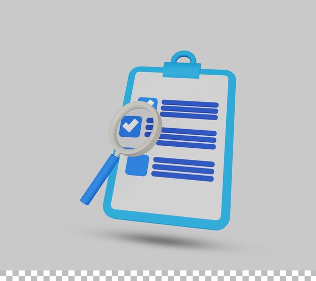 Clipboard with checklist paper note icon or symbol with magnifying glass 3d render