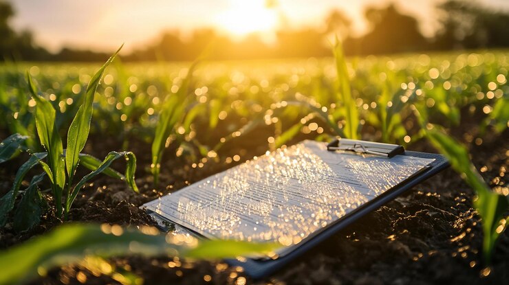PSD clipboard with field notes rests in a young cornfield at sunset